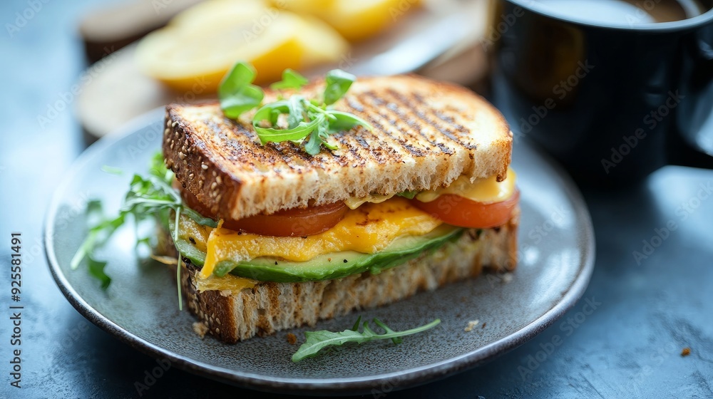A cup of coffee and avocado sandwiches for breakfast A cup of coffee and avocado sandwiches for breakfast