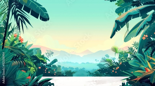 lush jungle landscape, vibrant green trees, cartoon animals peeking through, flat color design, playful background filled with oversized leaves, colorful flowers, and tropical atmosphere.