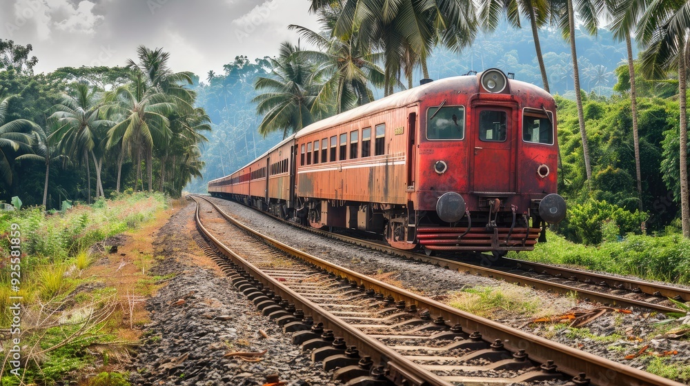 Fototapeta premium Red Train in Lush Tropical Landscape