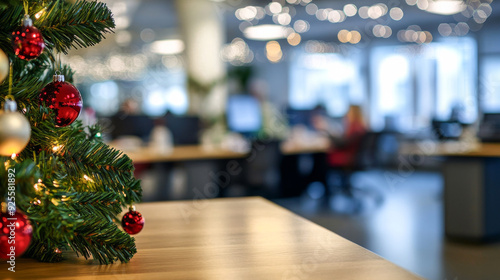 empty wooden table in the foreground. blurred background of a modern office decorated for the New Year and Christmas with large windows. business meeting, meeting in the office