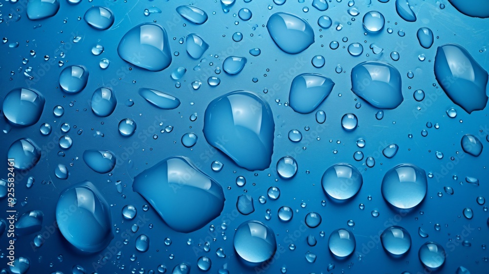 Condensation water drops on a blue texture background. Shower or rain droplets, pure aqua blobs. Top view Condensation water drops on a blue texture background. Shower or rain droplets, pure aqua blobs. Top view
