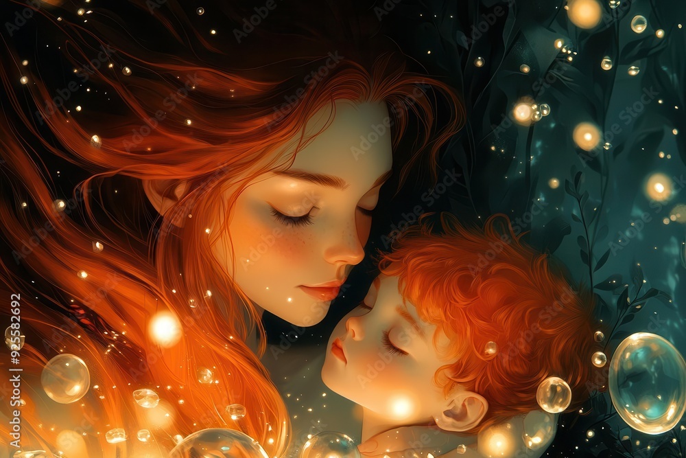 whimsical illustration of a mother with flowing auburn hair embracing ...