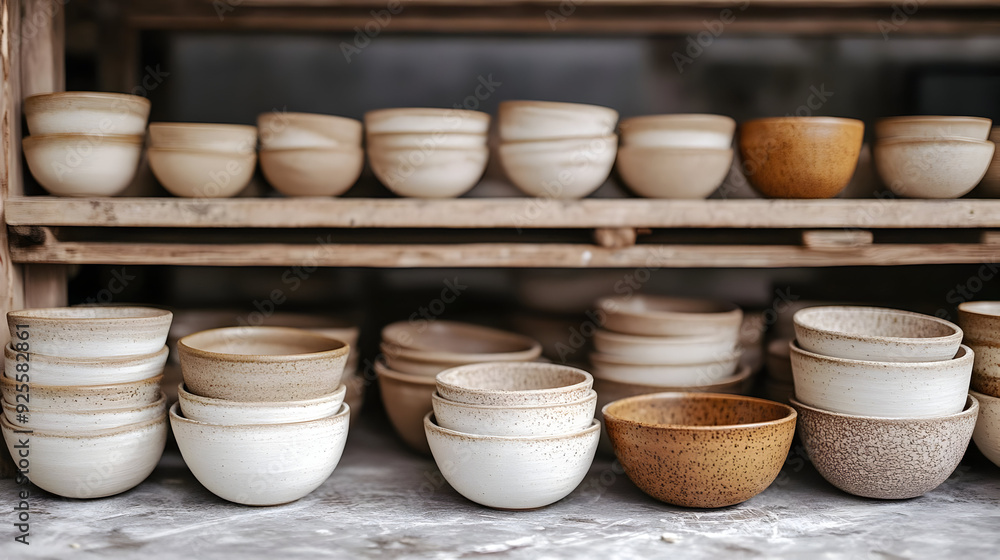 A collection of ceramic bowls displayed on wooden shelves. A collection of ceramic bowls displayed on wooden shelves.