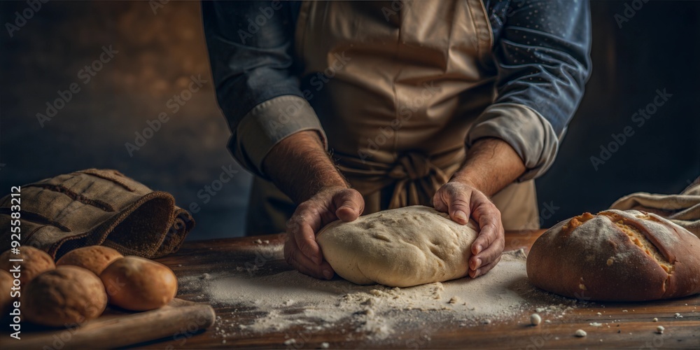 Baker kneading dough in kitchen with flour on table Baker kneading dough in kitchen with flour on table