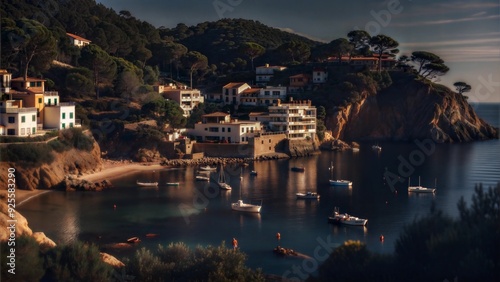 Mediterranean coastal village with boats in calm bay