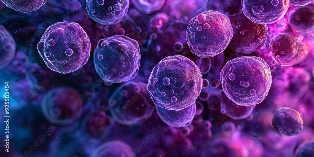 Microscopic view of a multitude of spherical cells in vibrant purple ...
