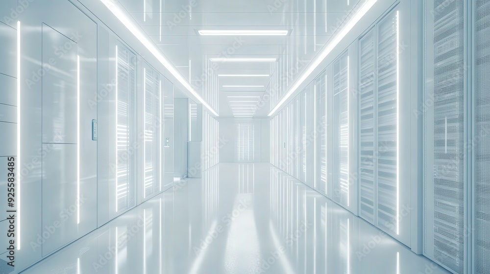 A sleek white server room filled with racks of cloud servers emitting soft white light, symbolizing modern cloud technology. The room is spotless and futuristic.