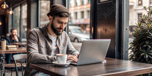 Young man working on laptop in cozy cafe