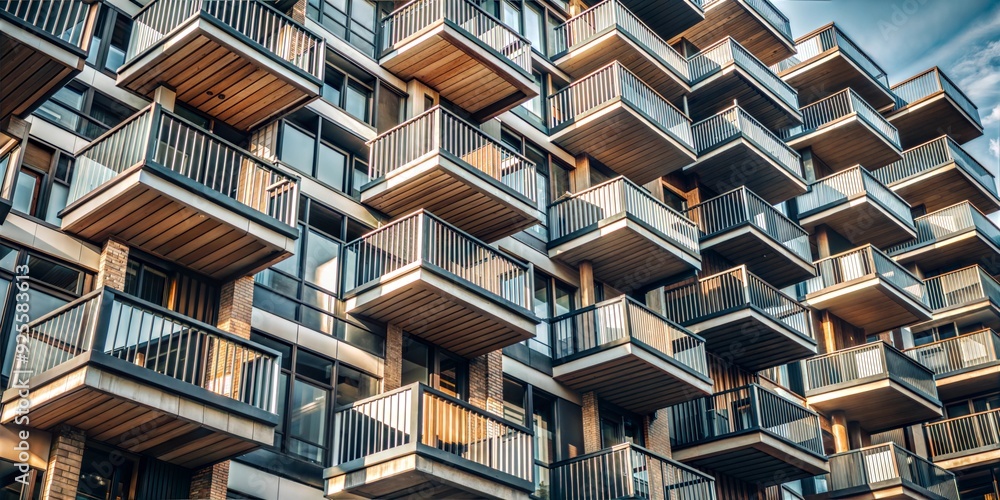 Modern apartment building with multiple balconies in geometric pattern Modern apartment building with multiple balconies in geometric pattern