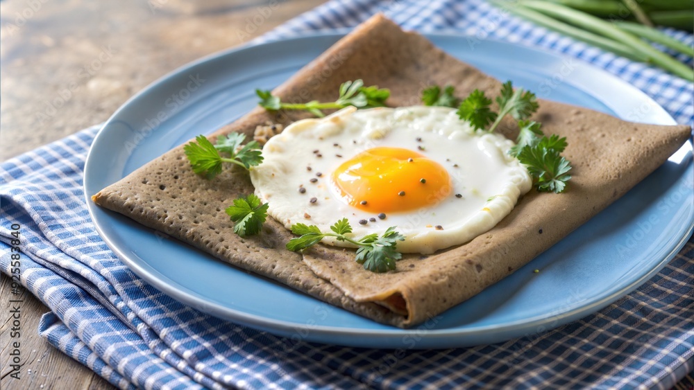 Savory crepe topped with fried egg and herbs on a rustic plate Savory crepe topped with fried egg and herbs on a rustic plate