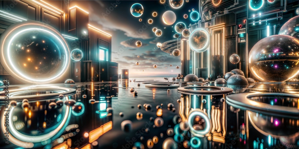 Futuristic abstract scene with glowing spheres and reflective surfaces Futuristic abstract scene with glowing spheres and reflective surfaces
