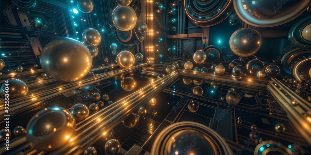 Futuristic abstract scene with glowing spheres and reflective surfaces Futuristic abstract scene with glowing spheres and reflective surfaces