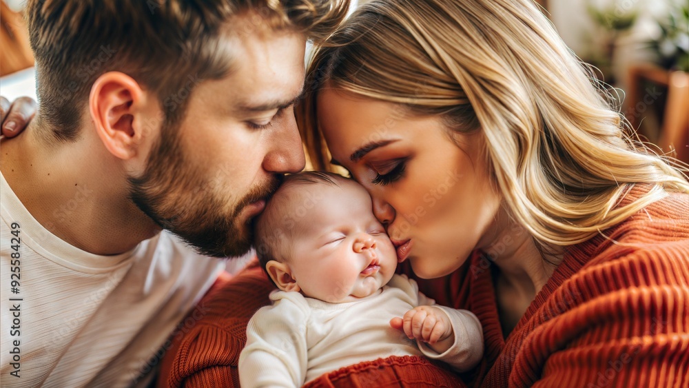 Parents lovingly kissing newborn baby at home Parents lovingly kissing newborn baby at home
