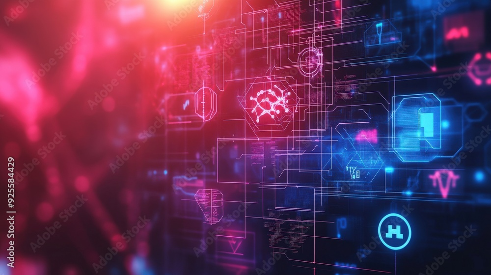 Abstract background with medical symbols and glowing circuits, representing the future of interconnected healthcare systems Abstract background with medical symbols and glowing circuits, representing the future of interconnected healthcare systems
