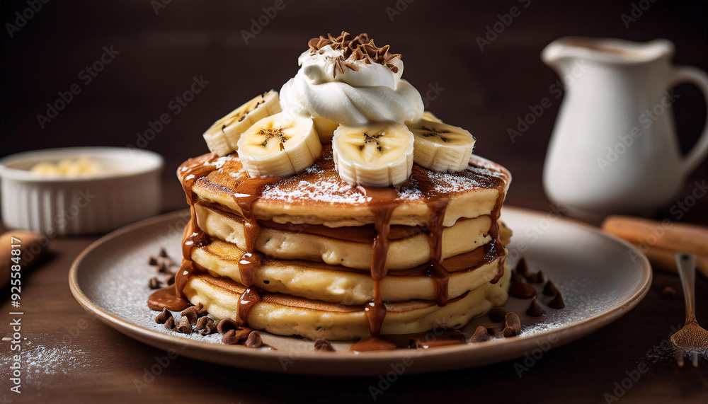 Stack of pancakes topped with bananas, syrup, and cream Stack of pancakes topped with bananas, syrup, and cream