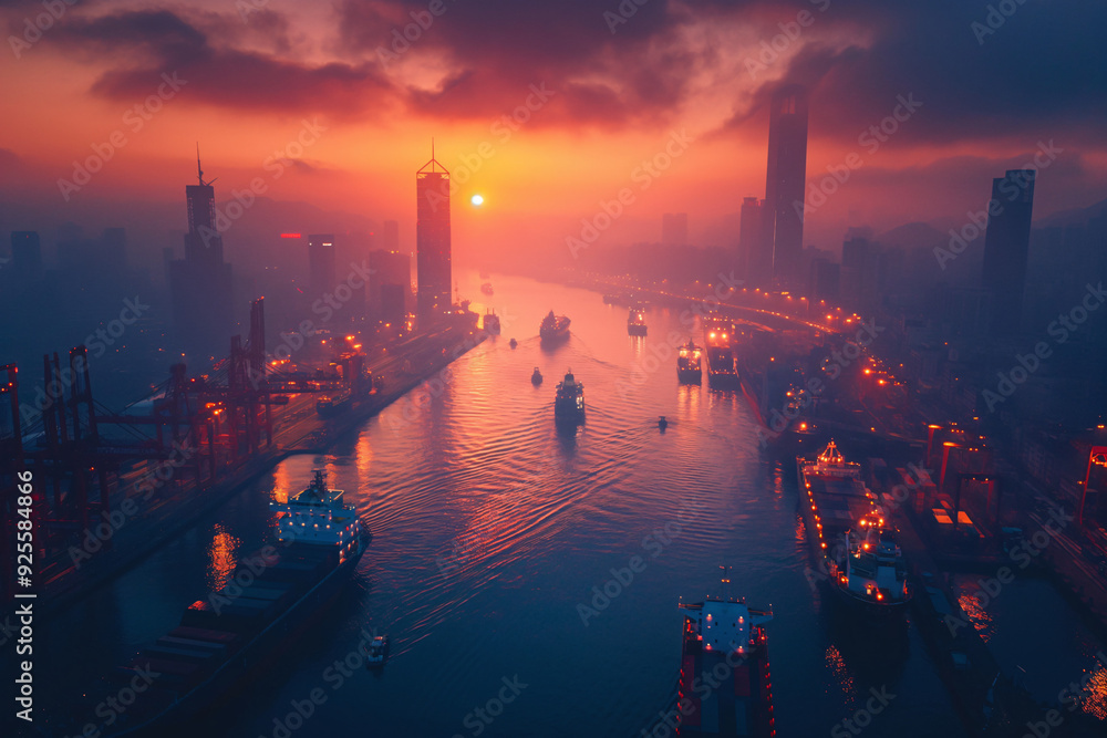 Naklejka premium a city at sunset with ships and boats in the water