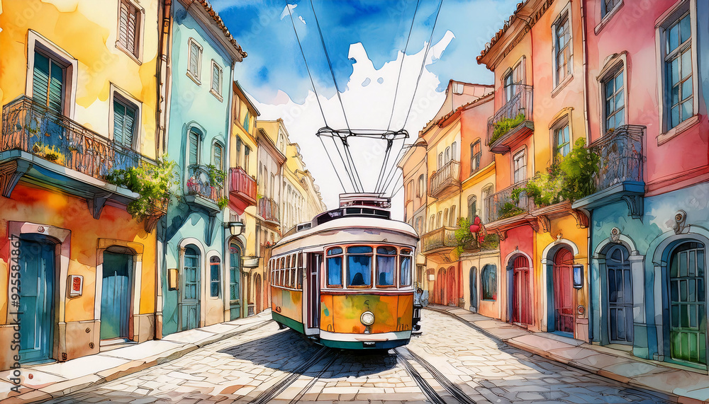 Obraz premium Vibrant watercolor of a tram on a quaint street basked in sunlight