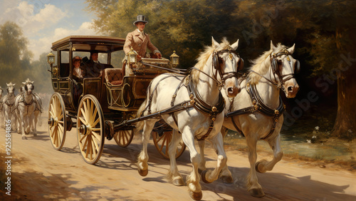 Landau Carriage - horse, carriage, travel, road, countryside, horses, historical, transportation, journey, wheels, driver, trees, nature, outdoor, vintage, coachman