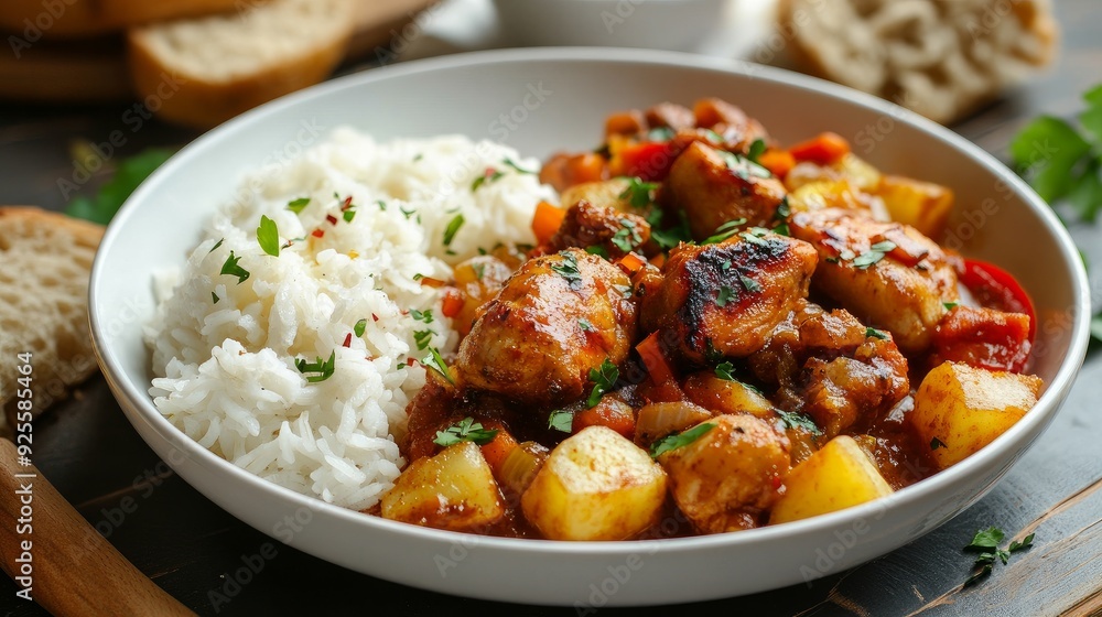 bread, rice, and potatoes are served with sautéed chicken and vegetables. bread, rice, and potatoes are served with sautéed chicken and vegetables.