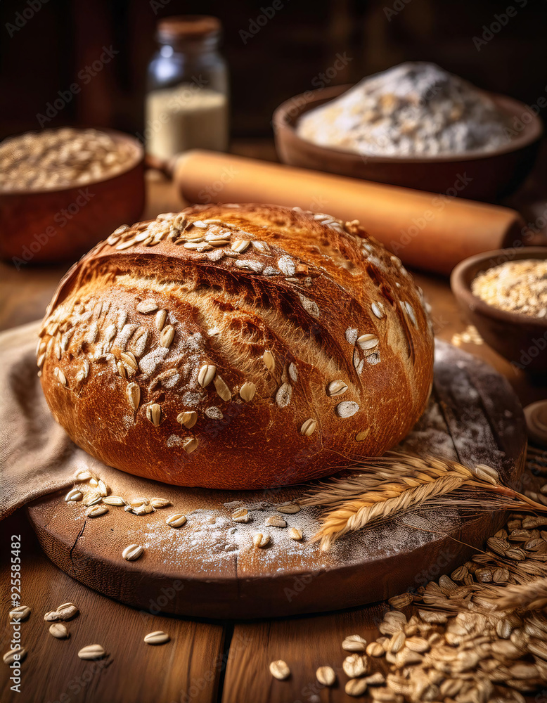 Freshly baked bread topped with oats on a wooden table Freshly baked bread topped with oats on a wooden table