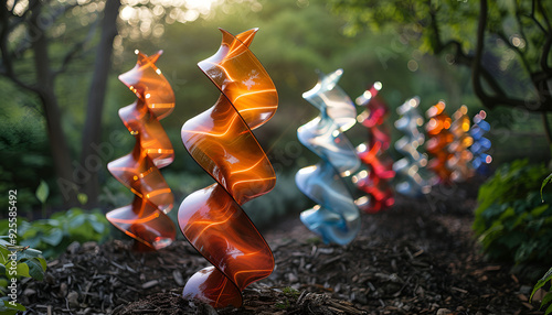 a group of colorful sculptures in a garden

 photo