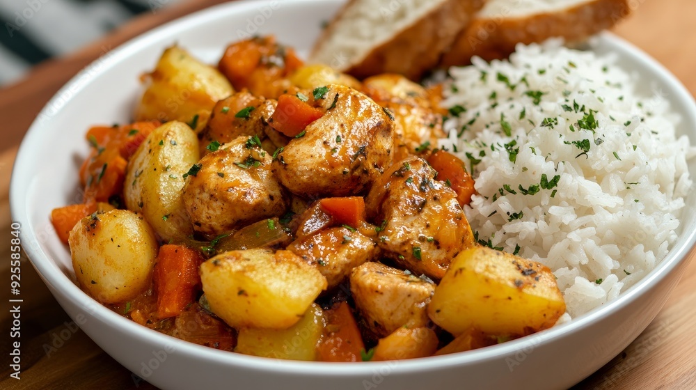 bread, rice, and potatoes are served with sautéed chicken and vegetables. bread, rice, and potatoes are served with sautéed chicken and vegetables.
