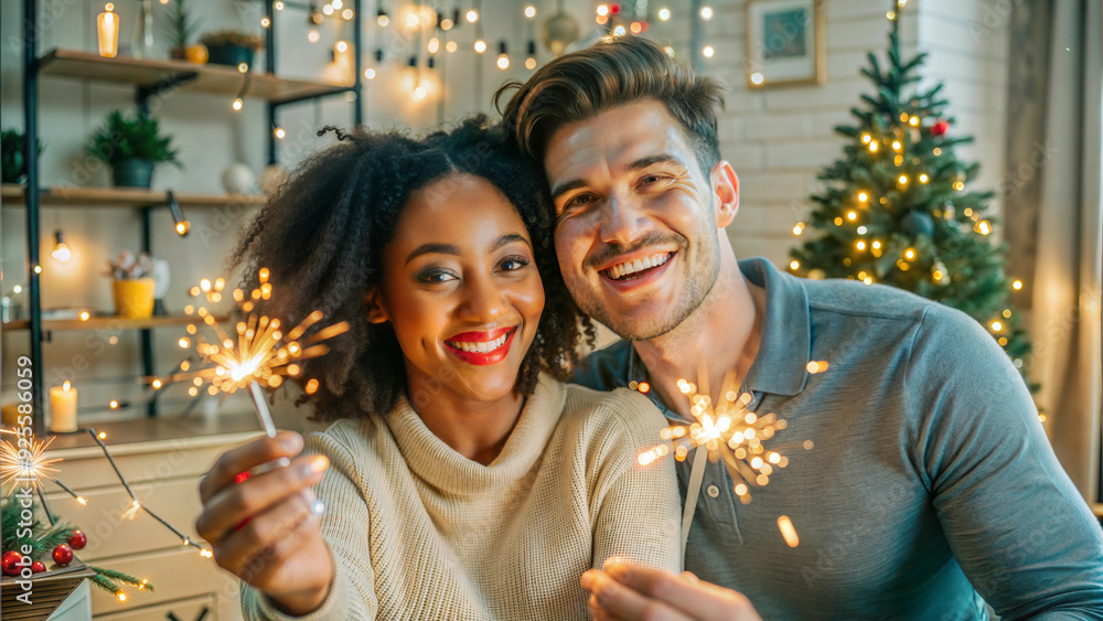 Happy multiethnic couple holding sparklers in living room at home Happy multiethnic couple holding sparklers in living room at home