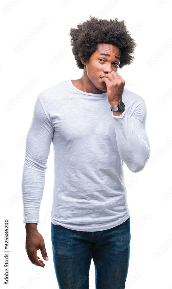 Afro american man over isolated background looking stressed and nervous with hands on mouth biting nails. Anxiety problem. Afro american man over isolated background looking stressed and nervous with hands on mouth biting nails. Anxiety problem.