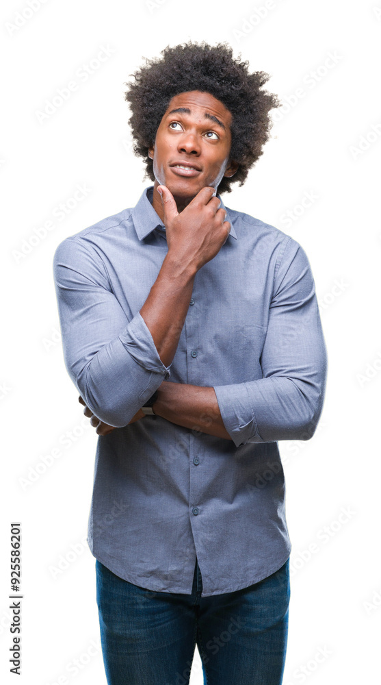 Afro american man over isolated background with hand on chin thinking about question, pensive expression. Smiling with thoughtful face. Doubt concept. Afro american man over isolated background with hand on chin thinking about question, pensive expression. Smiling with thoughtful face. Doubt concept.