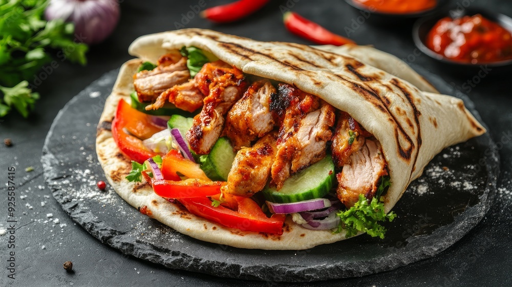Fried chicken meat and veggies wrapped in pita bread is known as doner kebab. Fried chicken meat and veggies wrapped in pita bread is known as doner kebab.