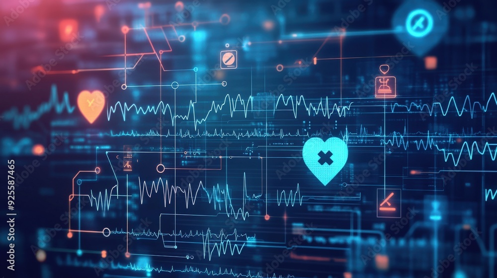 Background with digital waveforms and medical symbols, representing the integration of technology in modern healthcare Background with digital waveforms and medical symbols, representing the integration of technology in modern healthcare