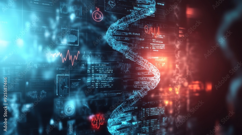 Background with holographic medical symbols and DNA strands, illustrating advancements in biotechnology and genetics Background with holographic medical symbols and DNA strands, illustrating advancements in biotechnology and genetics