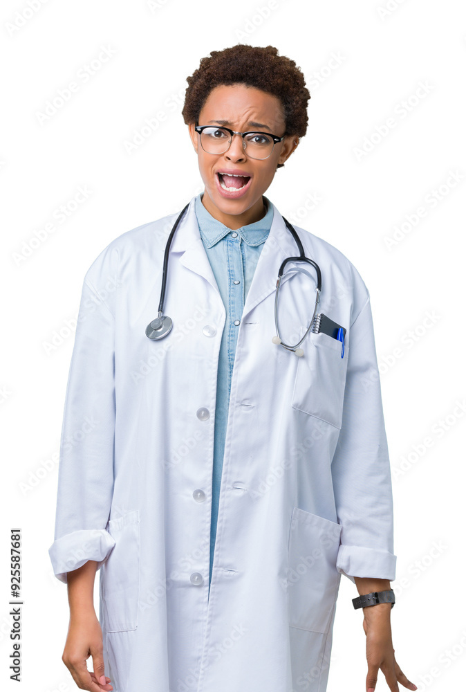 Young african american doctor woman wearing medical coat over isolated background In shock face, looking skeptical and sarcastic, surprised with open mouth Young african american doctor woman wearing medical coat over isolated background In shock face, looking skeptical and sarcastic, surprised with open mouth