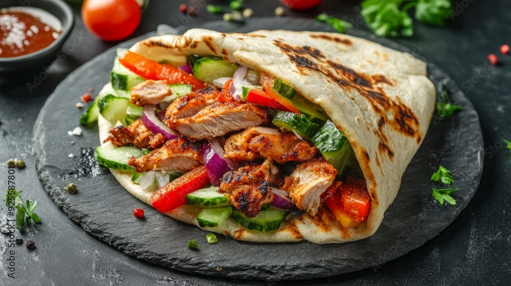 Fried chicken meat and veggies wrapped in pita bread is known as doner kebab Fried chicken meat and veggies wrapped in pita bread is known as doner kebab