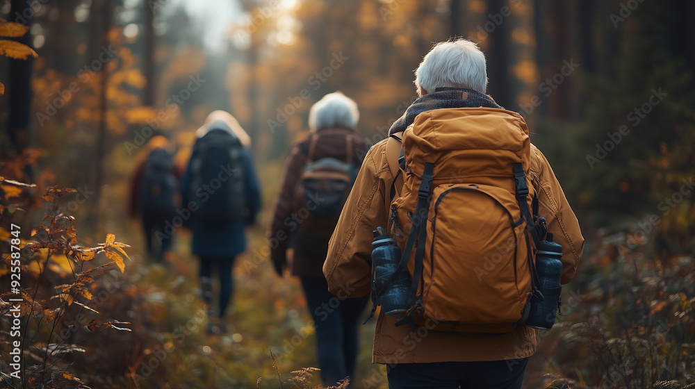 A group of elderly friends going for a walk in the woods, enjoying the fresh air and the beauty of nature. A group of elderly friends going for a walk in the woods, enjoying the fresh air and the beauty of nature.