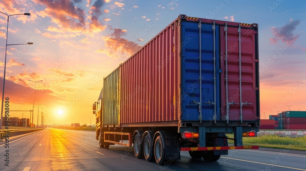 Semi-Truck Carrying a Shipping Container During a Sunset Semi-Truck Carrying a Shipping Container During a Sunset