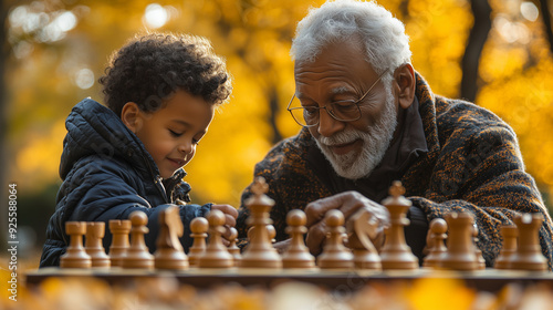 An elderly man playing chess with his grandson in the park, both of them focused and enjoying the game. photo