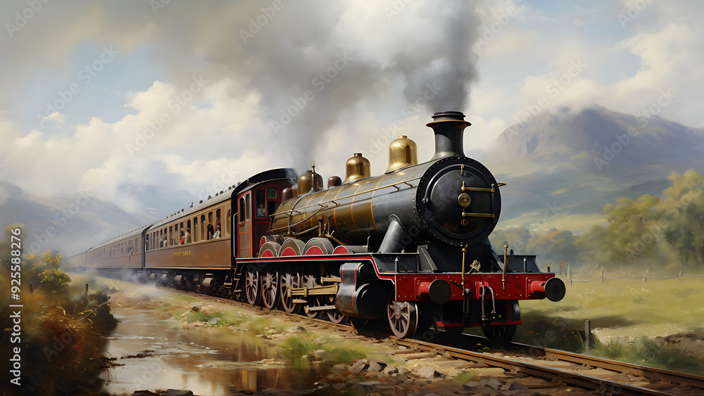Obraz premium Steam Engine Train - train, steam, railway, locomotive, vintage, old, travel, transportation, railroad, tracks, countryside, hills, smoke, journey, antique