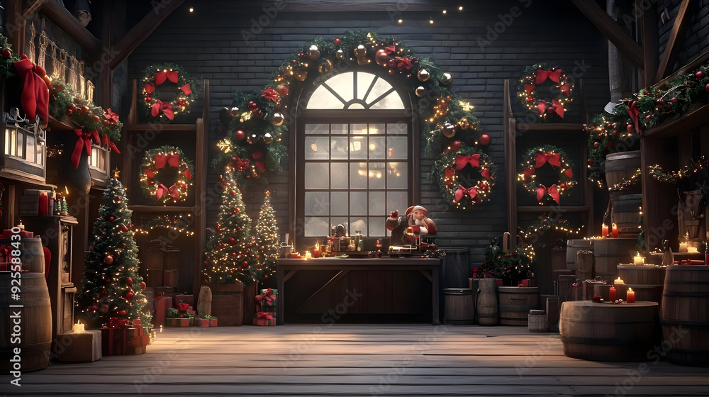 A festive interior decorated for Christmas with trees and ornaments. A festive interior decorated for Christmas with trees and ornaments.