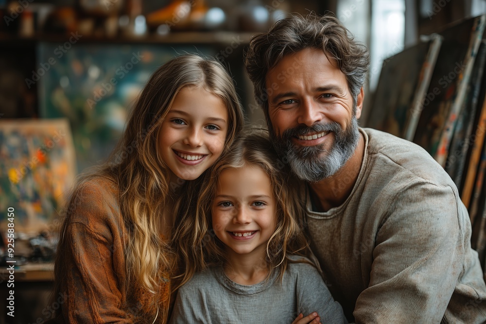 A smiling father poses with his two daughters in an art-filled studio during a cozy afternoon A smiling father poses with his two daughters in an art-filled studio during a cozy afternoon