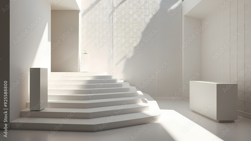 Fototapeta premium Crafting an Ultra-Realistic Minimalist Interior with Elegant White Podiums and Geometric Shadows in Serene Modern Architecture Using Generative AI