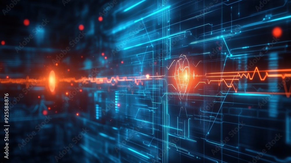 Futuristic medical background with abstract shapes and glowing data lines, symbolizing the convergence of technology and medicine Futuristic medical background with abstract shapes and glowing data lines, symbolizing the convergence of technology and medicine