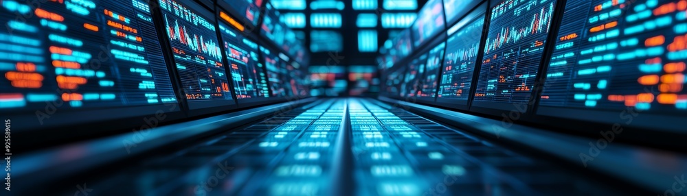 Futuristic data tunnel with glowing screens displaying analytics and technology insights in an immersive digital environment. Futuristic data tunnel with glowing screens displaying analytics and technology insights in an immersive digital environment.