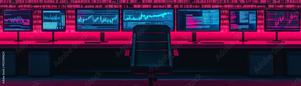 Futuristic office space with multiple screens displaying data graphs in a vibrant, neon-lit environment. Futuristic office space with multiple screens displaying data graphs in a vibrant, neon-lit environment.