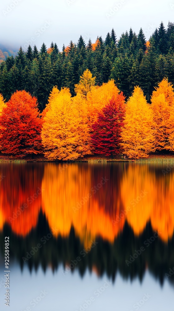 Obraz premium Vibrant autumn foliage reflecting in a serene lake, showcasing rich colors of orange, red, and yellow against a backdrop of evergreen trees.