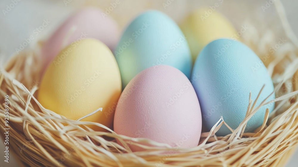 Easter eggs in a variety of colors arranged over straws. Easter eggs in pastel colors. Easter eggs in a variety of colors arranged over straws. Easter eggs in pastel colors.