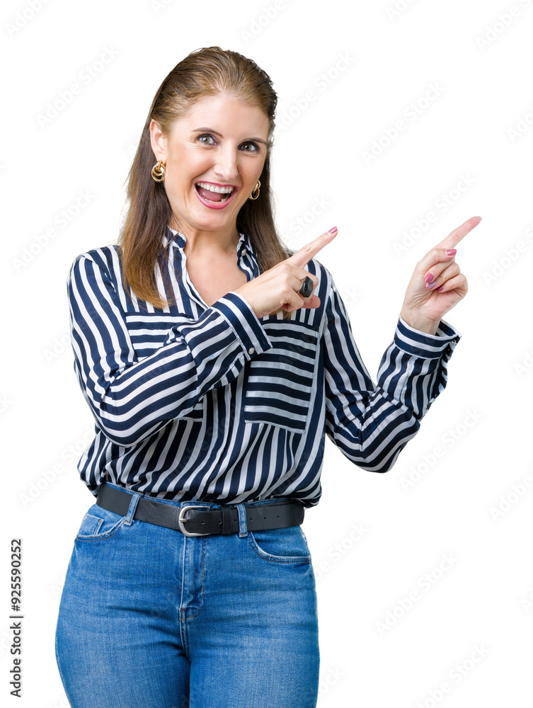 Middle age mature business woman over isolated background smiling and looking at the camera pointing with two hands and fingers to the side. Middle age mature business woman over isolated background smiling and looking at the camera pointing with two hands and fingers to the side.