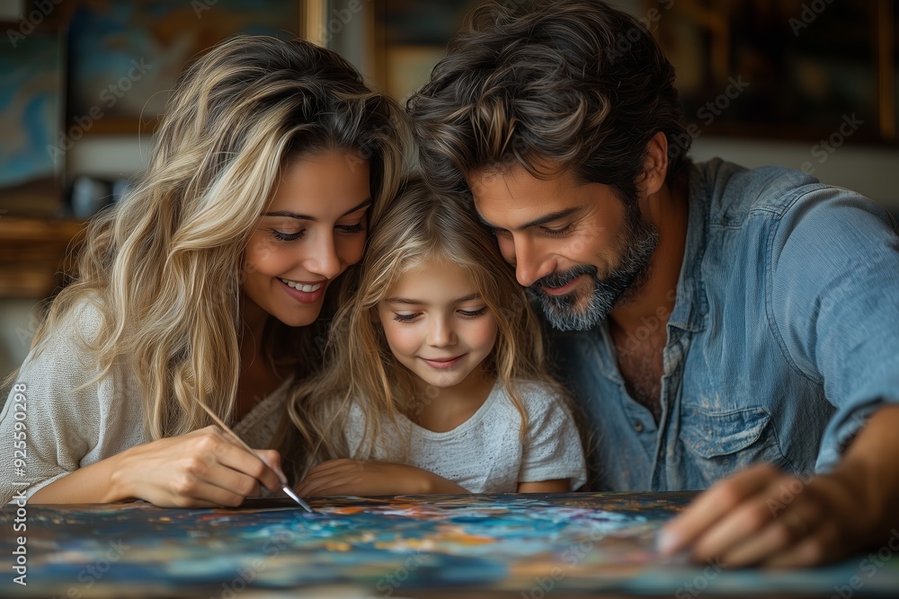 Family bonding while painting together at home in a cozy living room during the afternoon Family bonding while painting together at home in a cozy living room during the afternoon