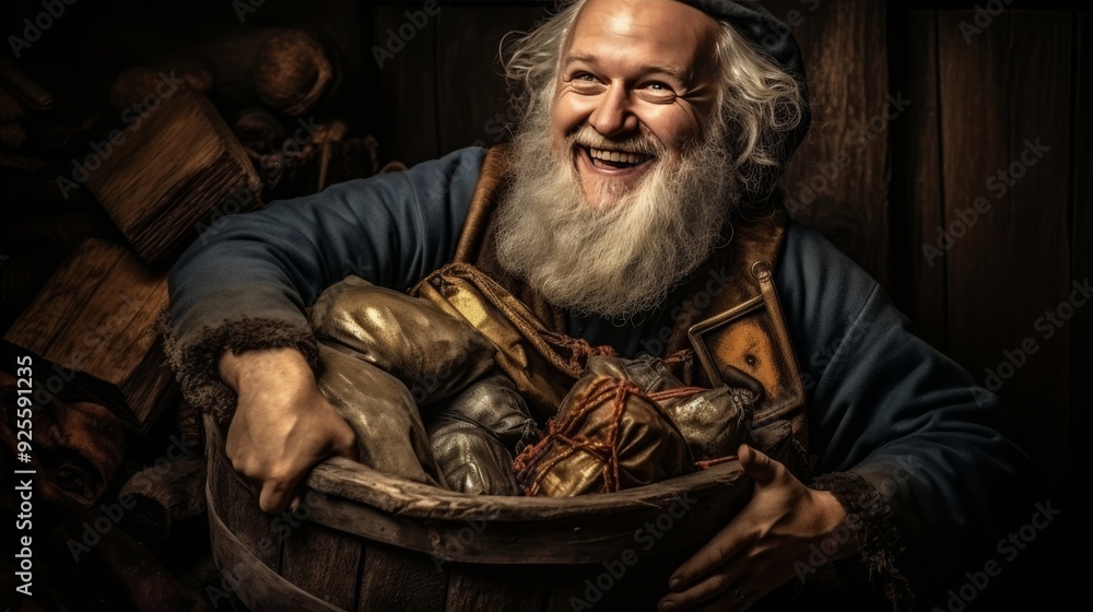 Obraz premium Santa claus joyfully carrying a sack filled with christmas presents during festive season