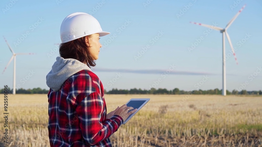 Female engineer wearing a white protective helmet is taking notes with a tablet computer on a field with wind turbines, as the sun sets. Clean energy and engineering Female engineer wearing a white protective helmet is taking notes with a tablet computer on a field with wind turbines, as the sun sets. Clean energy and engineering